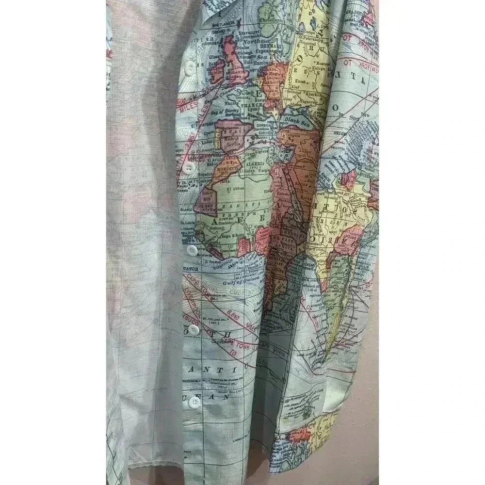 VINTAGE 70's World Map printed Women's dress shirt Novelty in size XL - Picture 5 of 6